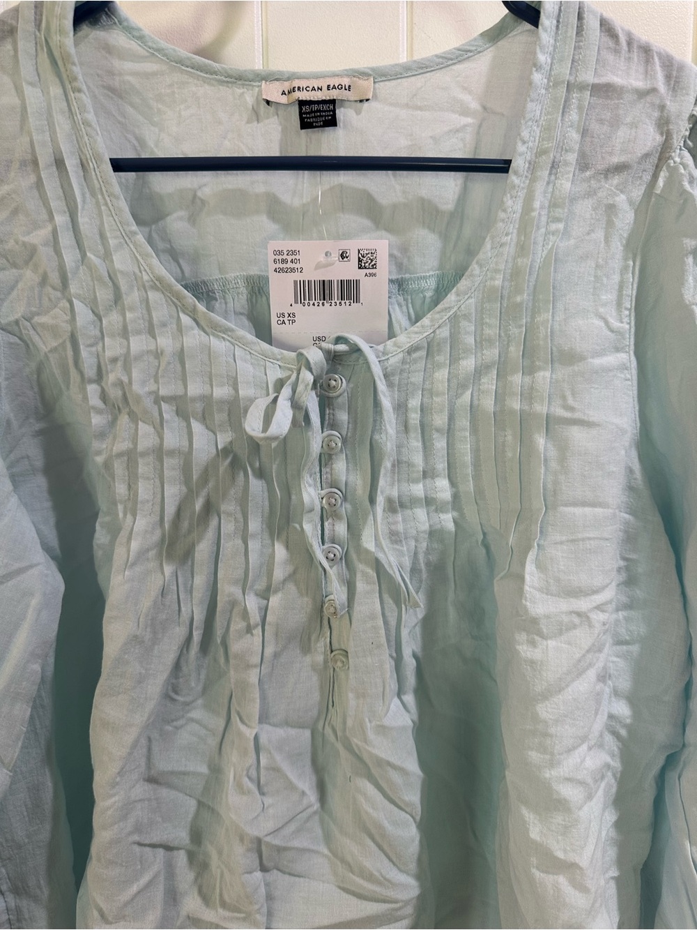 American Eagle Outfitters Light Blue breezy boho Pintuck Tie-Front Blouse - Picture 2 of 4